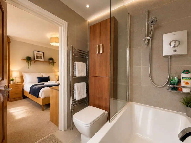 Ensuite bathroom with shower cubicle, toilet, bath tub and wooden storage cabinet