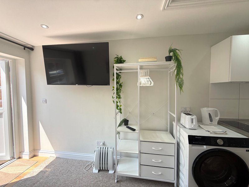 Modern studio with wall-mounted TV, open-plan kitchen, washing machine, and shower enclosure
