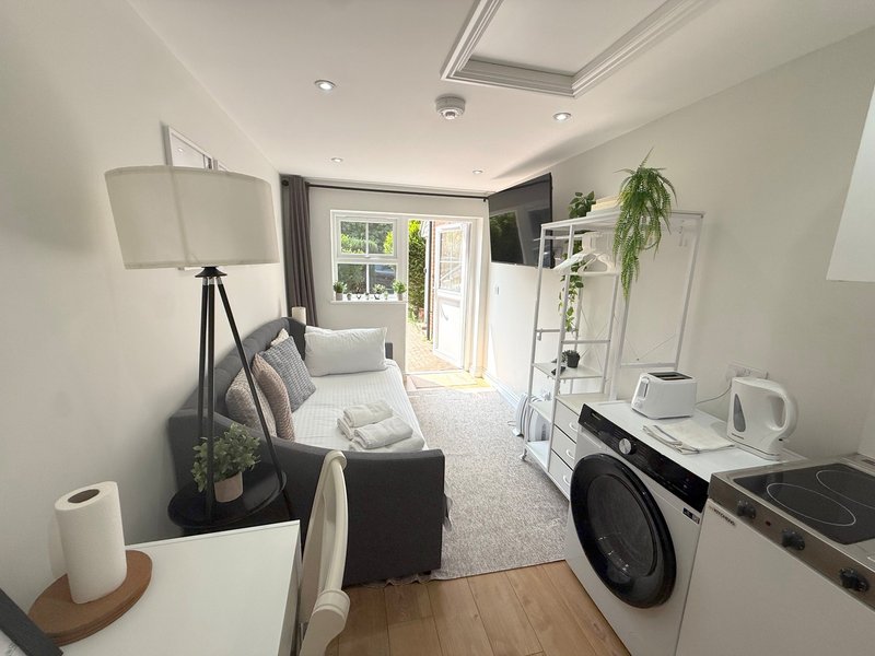 Modern studio apartment with bed, kitchenette, washing machine and garden door