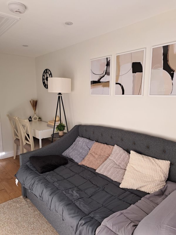 Modern bedroom with gray upholstered bed, patterned pillows, desk lamp, and abstract wall art