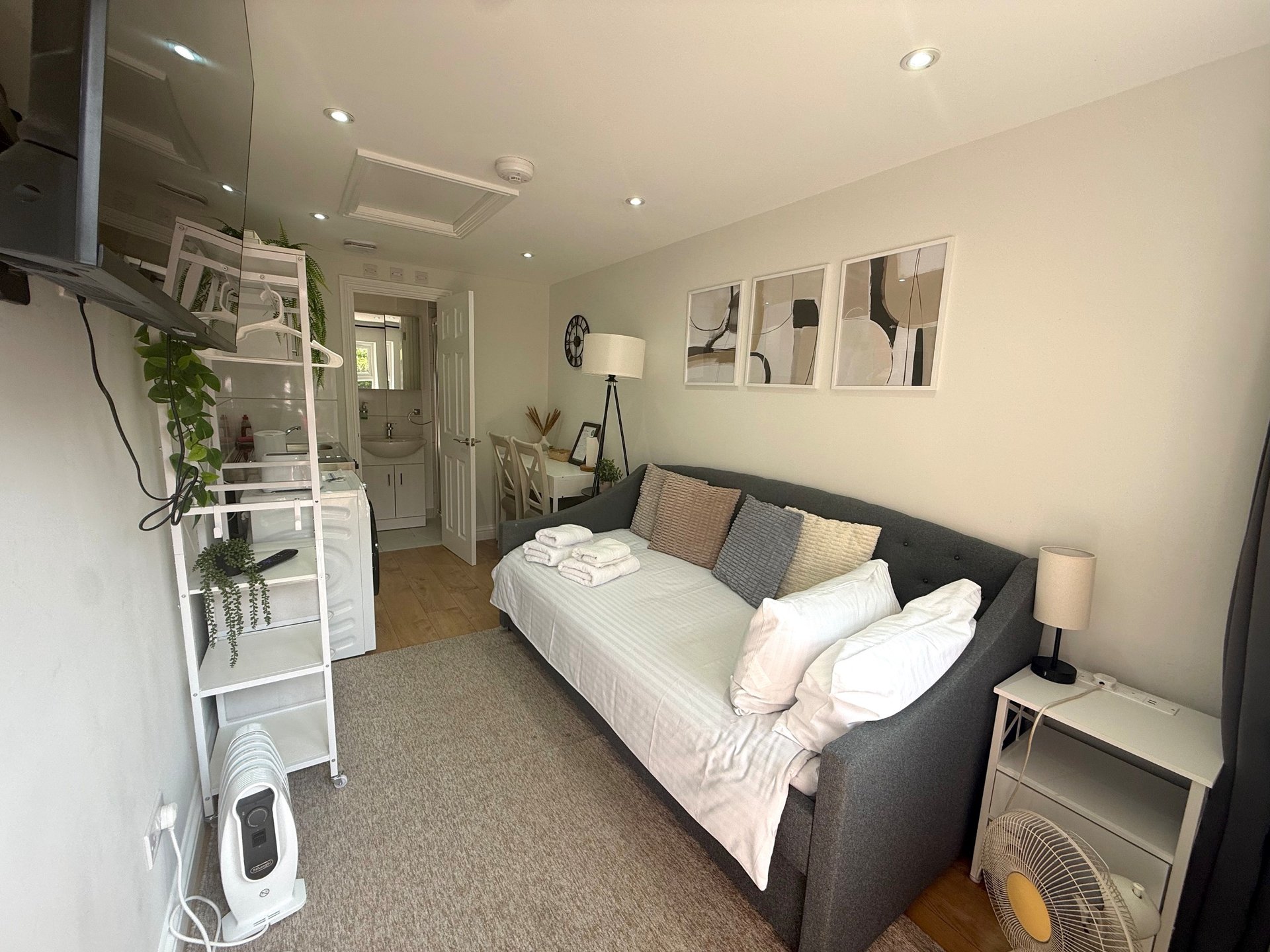 Studio bedroom with double bed, shelving unit, potted plant and modern furnishings