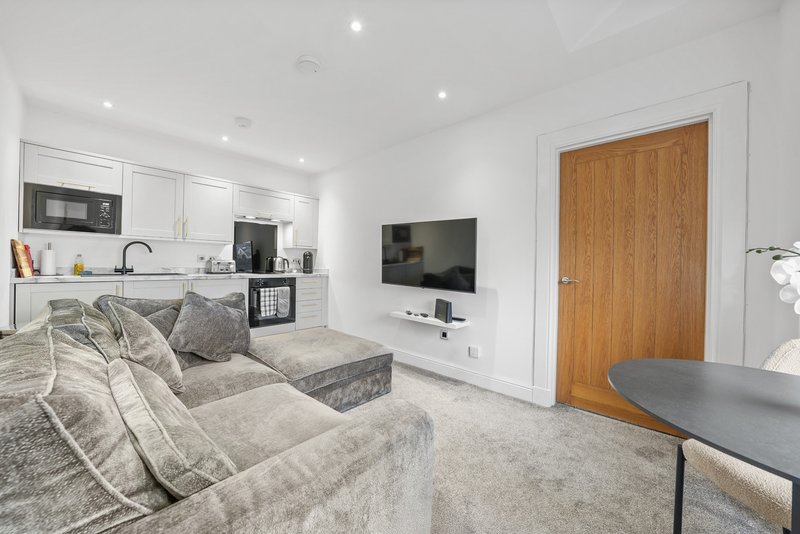 Open-plan studio with grey upholstered sofa, wall-mounted TV, kitchenette, and wooden door