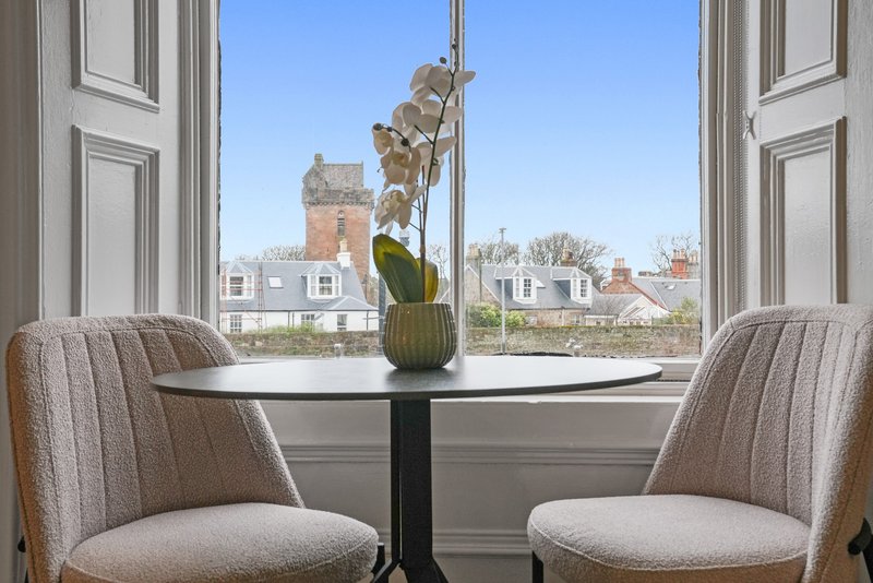 Two upholstered chairs facing a small table with potted plant and window view of townhouses