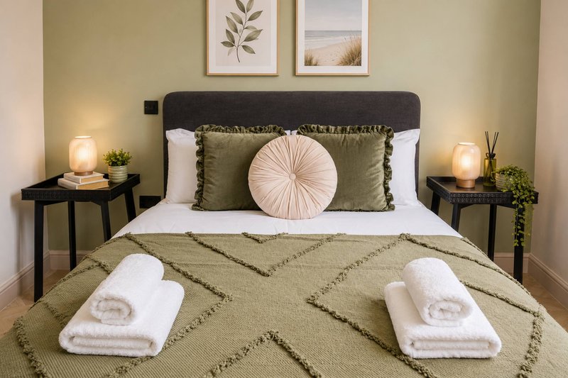 Bedroom with olive-green bedding, dark headboard, white pillows, side tables with lamps and plants