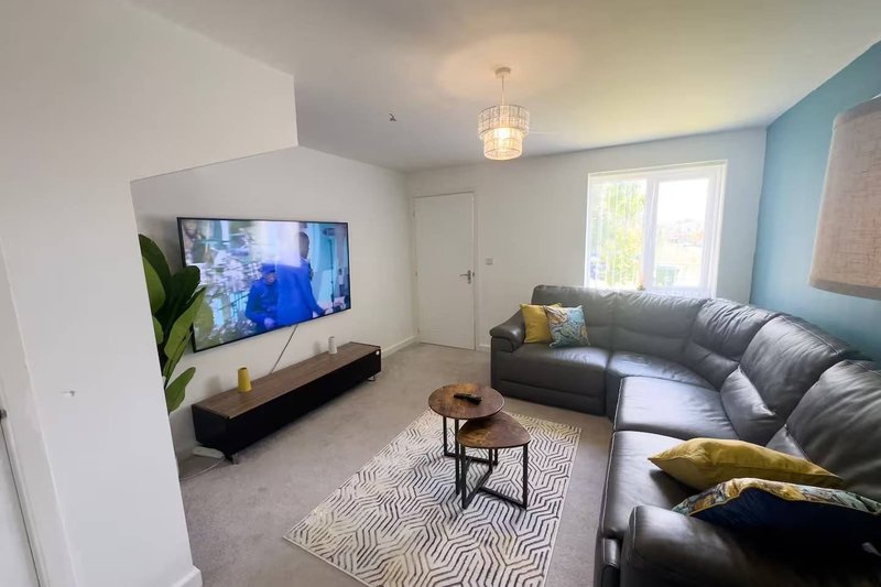 Modern living room with grey sectional sofa, wall-mounted TV, geometric area rug and pendant light
