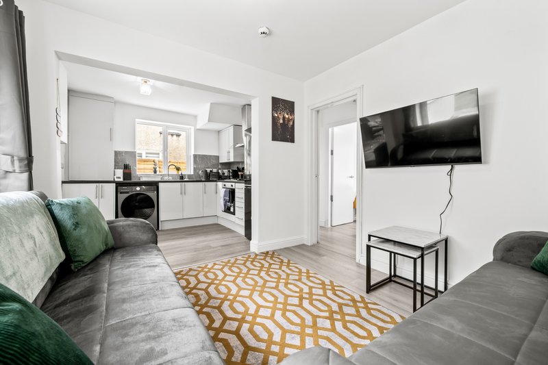Open-plan living room and kitchen with grey sofa, yellow geometric rug, TV, and modern appliances