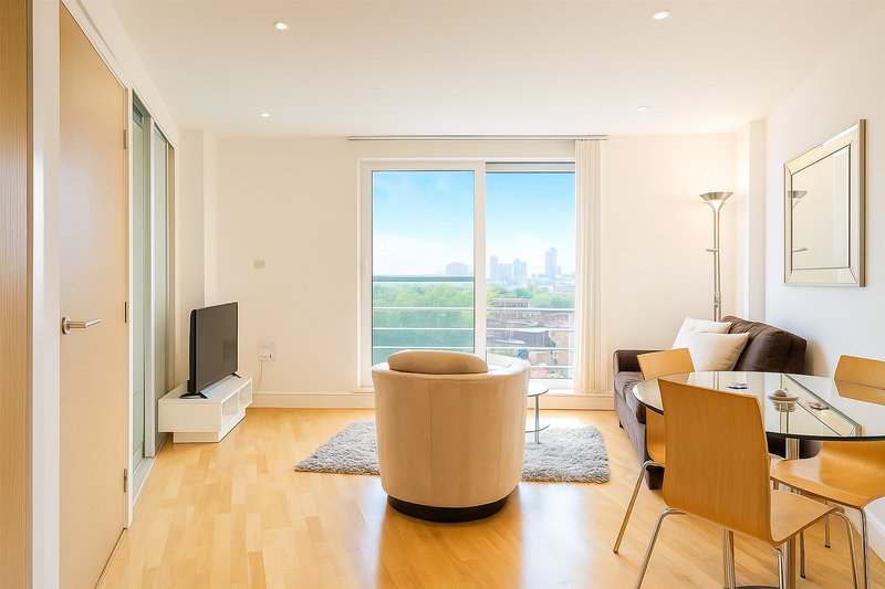 Modern apartment living room with wooden floor, tan armchair, desk, and city skyline view