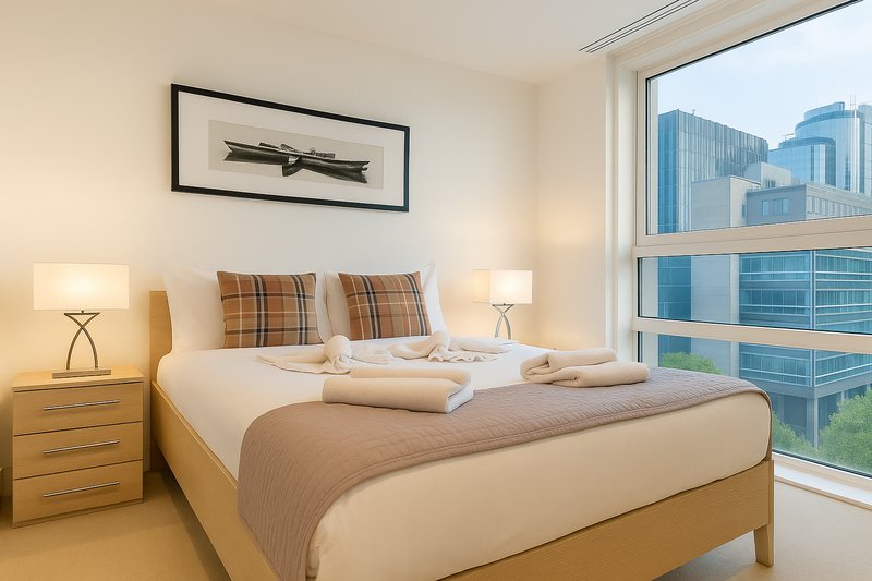 Modern bedroom with double bed, wooden nightstand, table lamps and city skyline view through window