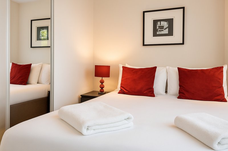Bedroom with double bed, red and cream pillows, bedside lamp, framed wall art