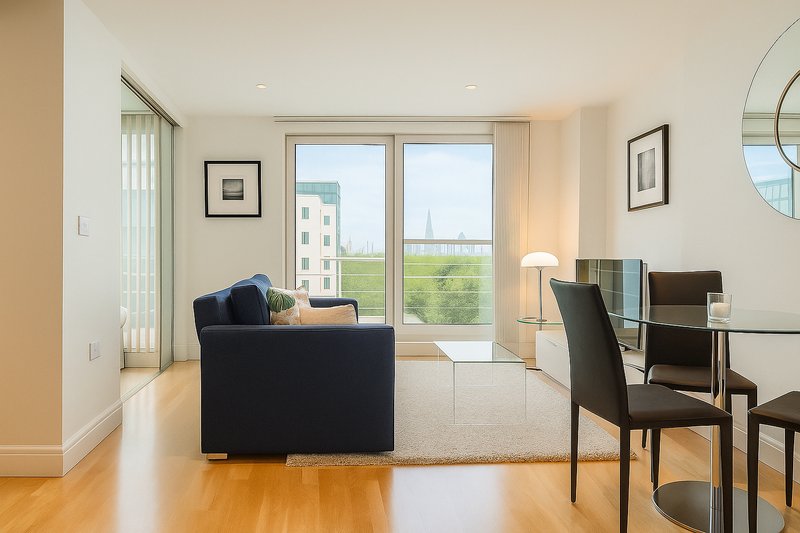Bright living room with navy sofa, dining chairs, wooden floor and floor-to-ceiling windows