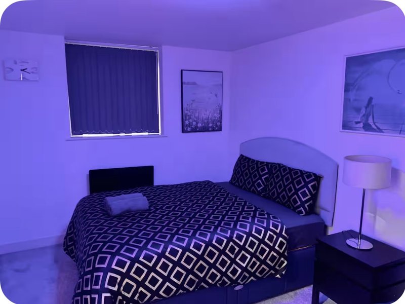 Modern bedroom with double bed, patterned bedding, purple lighting, and wall art