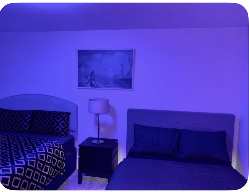 Bedroom with two beds, nightstand, lamp, and wall-mounted framed artwork under purple lighting