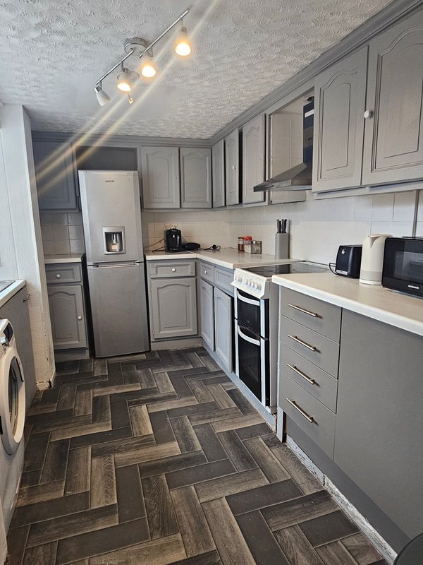 Modern kitchen with grey cabinetry, stainless steel appliances, herringbone flooring and track lighting
