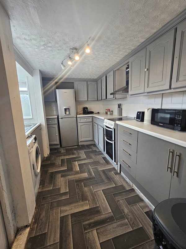 Modern galley kitchen with grey cabinetry, stainless steel appliances, herringbone flooring