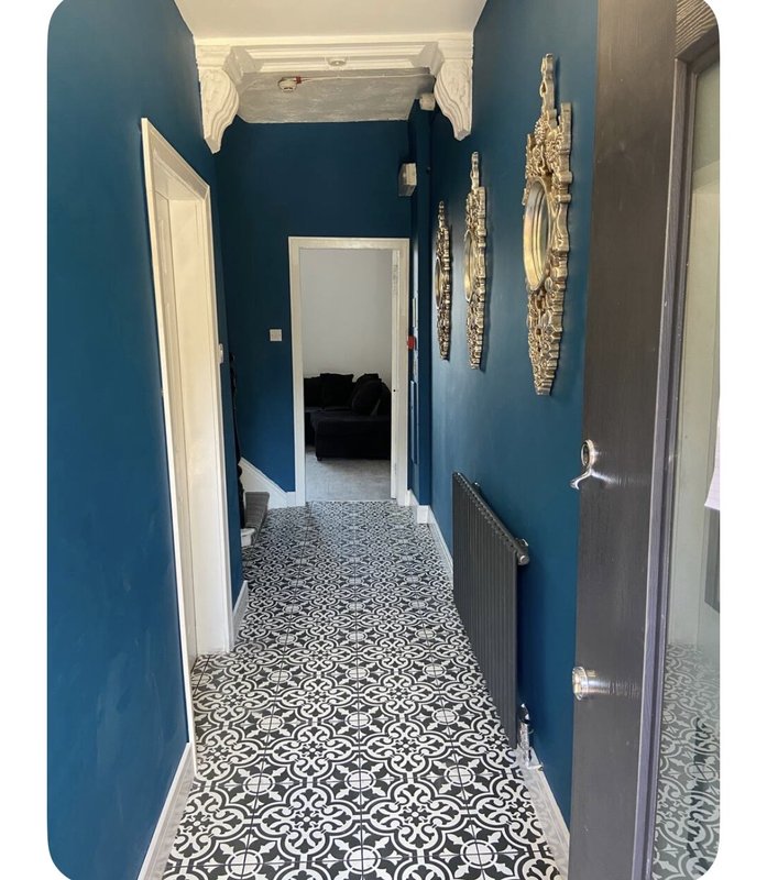Narrow hallway with deep blue walls, patterned tile flooring, white trim doors, and wall-mounted decorative items