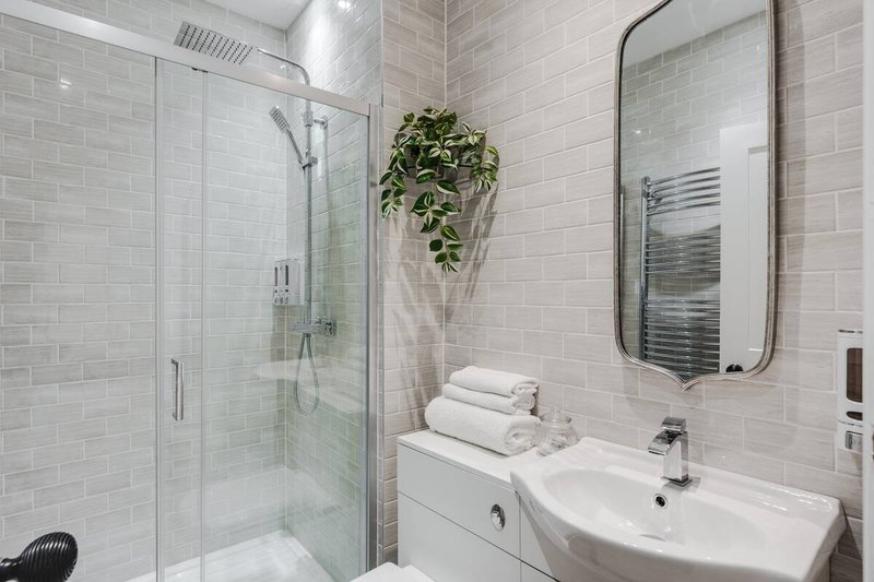 Modern bathroom with walk-in shower, white sink, mirror, and hanging plants