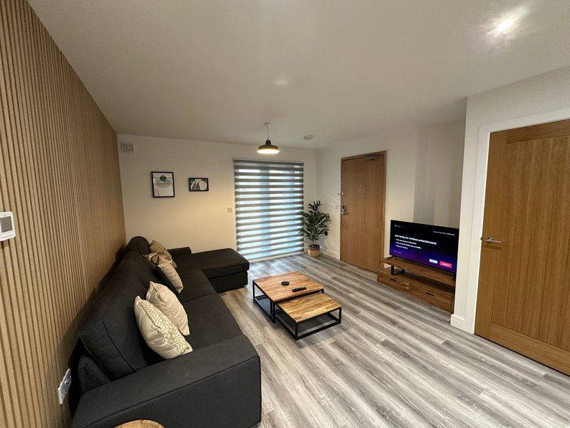 Modern living room with black sofa, wooden coffee table, TV, and striped flooring