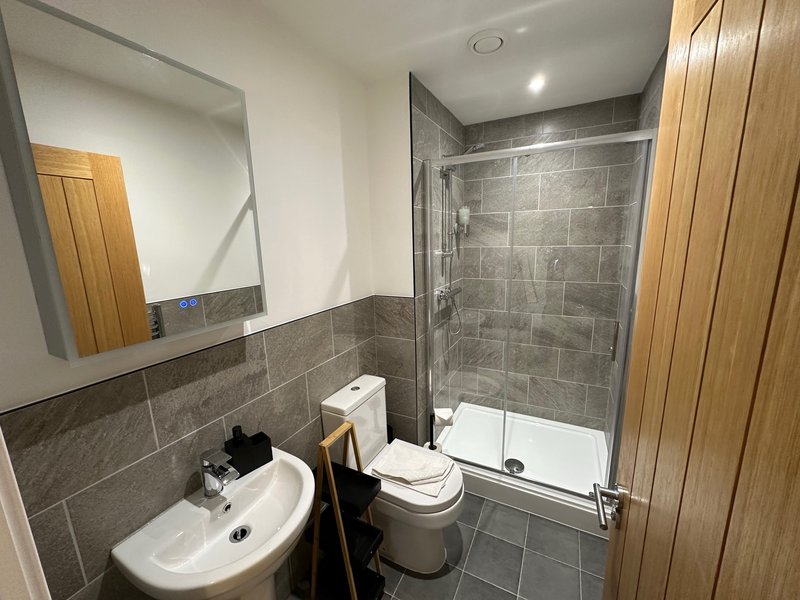 Modern bathroom with sink, toilet, shower enclosure and mirror