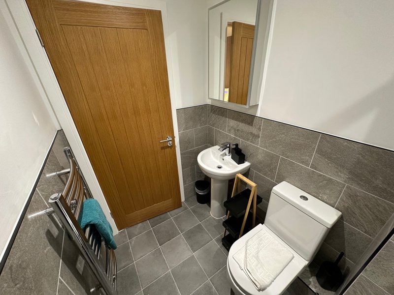 Modern bathroom with pedestal sink, toilet, heated towel rail and grey tile flooring