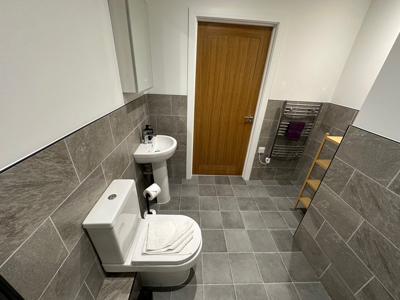 Modern bathroom with toilet, sink, heated towel rail and grey tile flooring