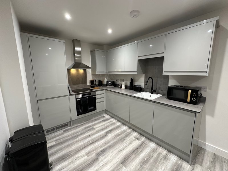 Modern kitchen with white cabinetry, black appliances, striped flooring and recessed lighting