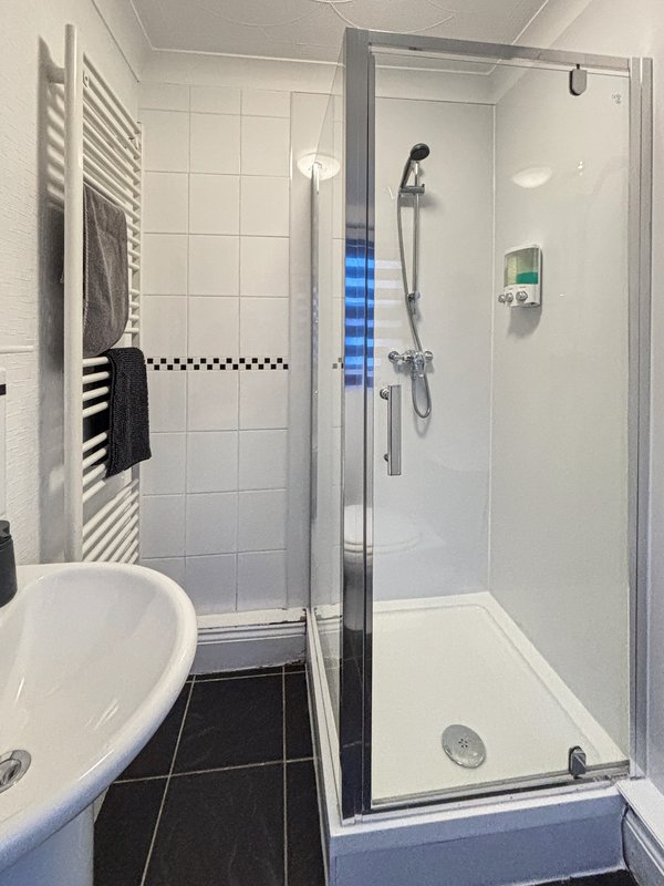 Modern bathroom with shower enclosure, toilet, sink and heated towel rail