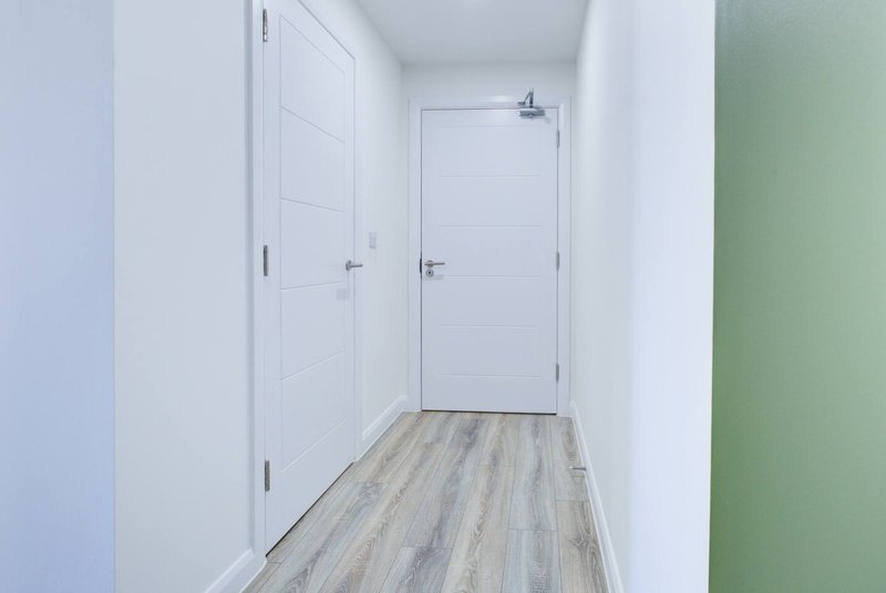 Bright hallway with white walls, wooden vinyl flooring, and white door frames
