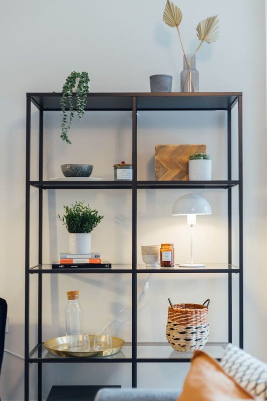 Black metal shelving unit displaying plants, books, decorative items and lamp