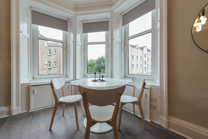 Bay window dining area with round table, wooden chairs, and city street views