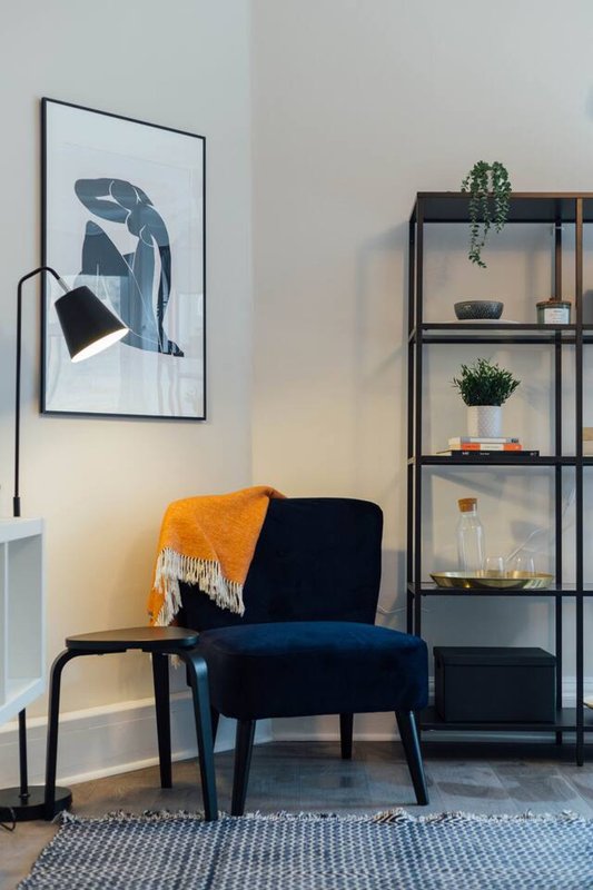 Modern living room corner with navy armchair, orange throw blanket, framed abstract artwork, and black shelving unit with potted plants