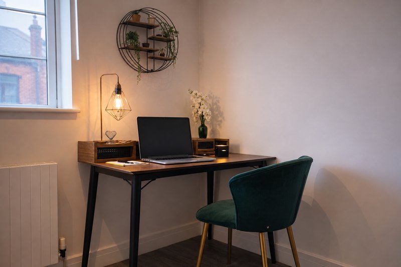 Home office workspace with desk, laptop, green chair, pendant lamp and wall decor