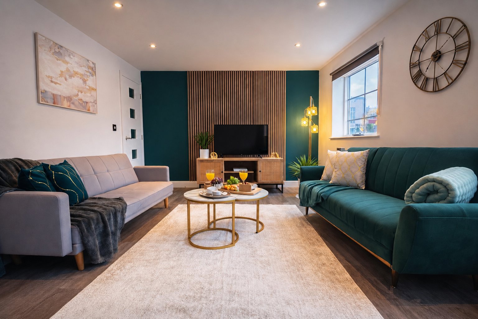 Modern living room with two sofas that can be converted to sofa beds, coffee table, TV unit, and decorative wall clock