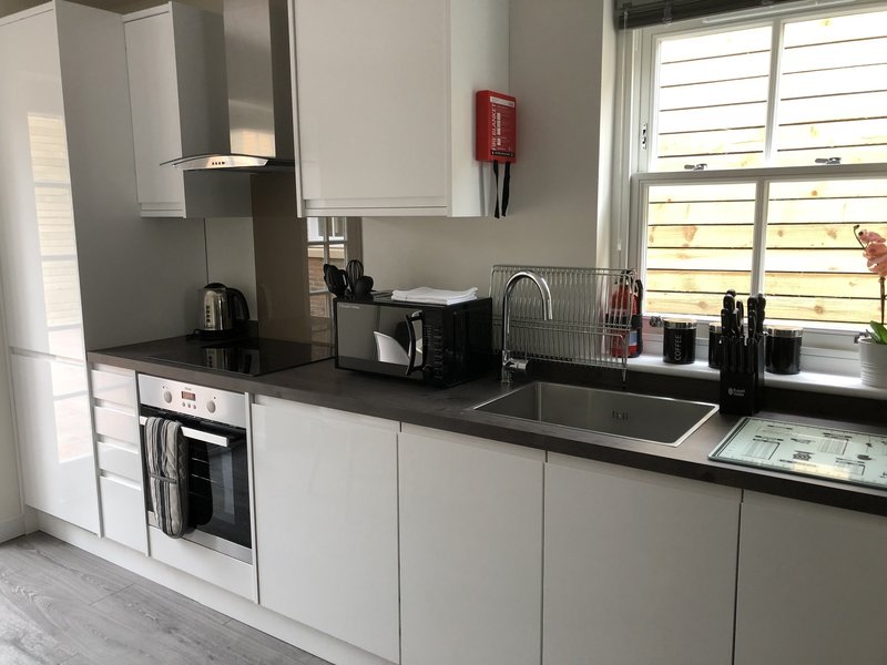 Modern kitchen with white cabinetry, black countertop, stainless steel appliances and sink