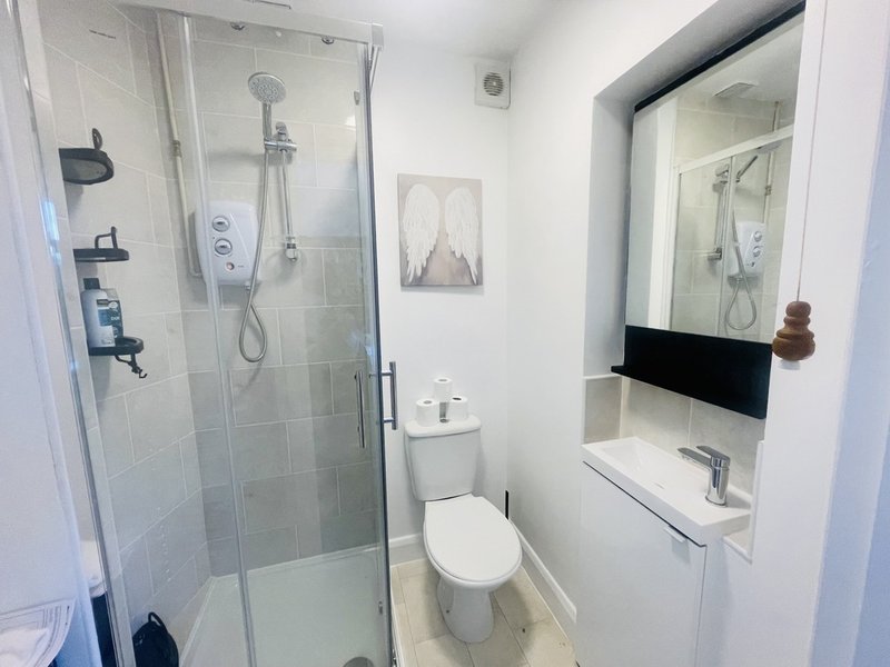 Modern bathroom with shower cubicle, toilet, white vanity sink and framed wall art