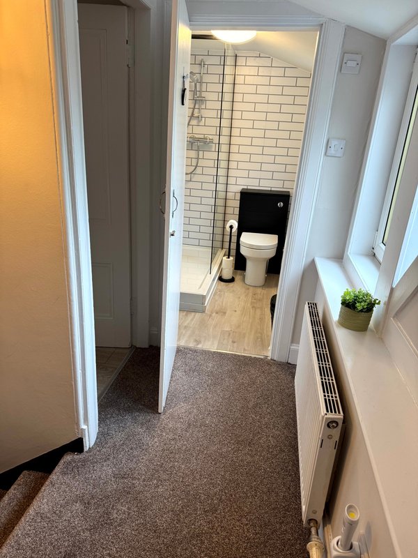 Hallway with bathroom entrance, carpet flooring, white walls and door frames
