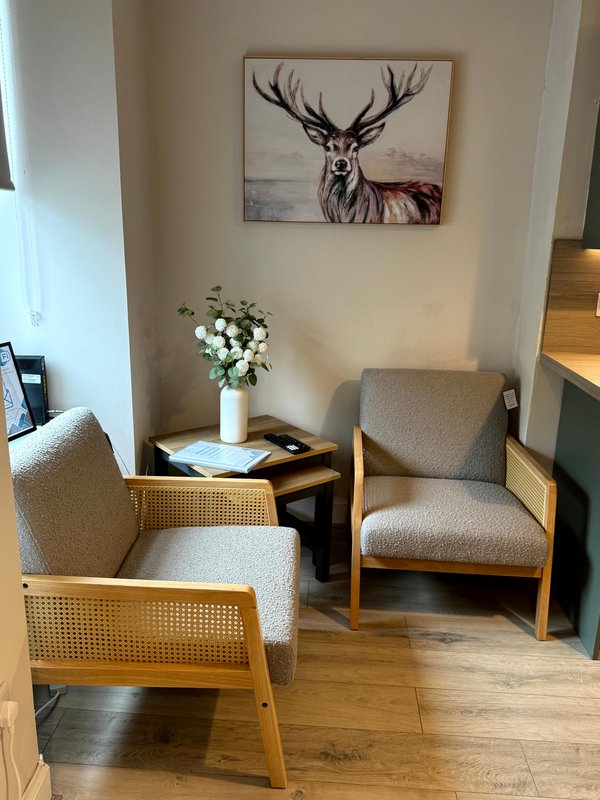 Seating area with two upholstered armchairs, wooden side table, potted flowers, and framed deer artwork