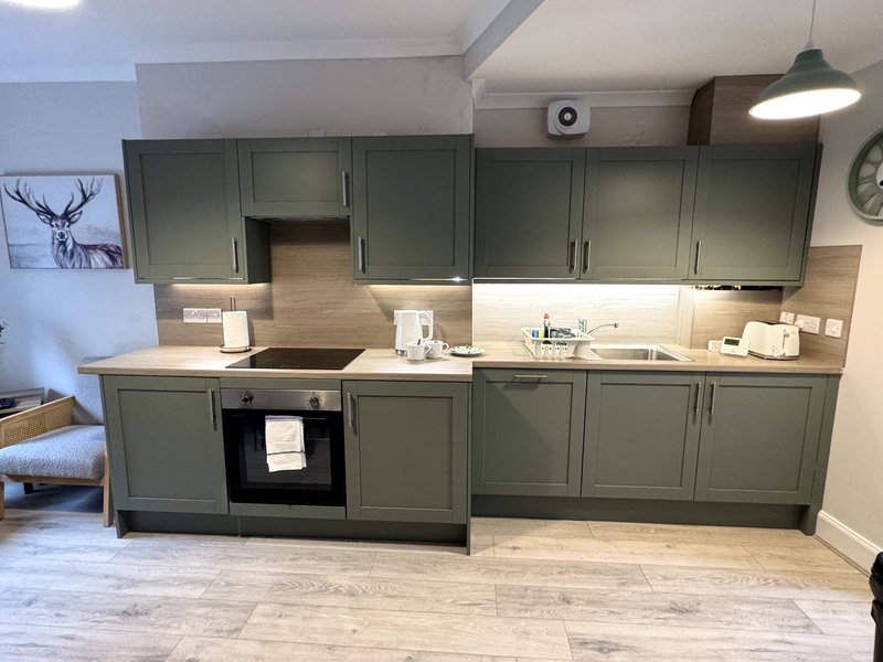Modern kitchen with sage green cabinetry, integrated appliances, and wooden flooring