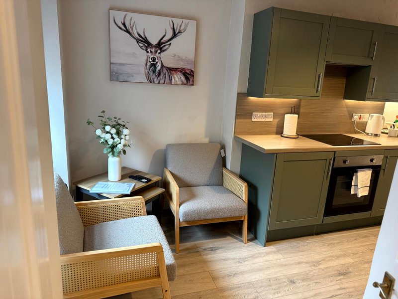 Open-plan kitchen and living area with green cabinetry, wooden flooring, armchair, and deer artwork on wall