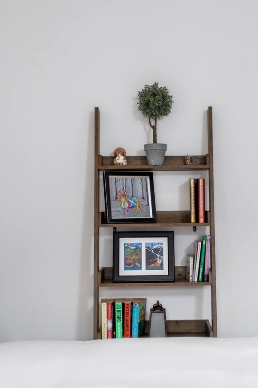 Wooden ladder shelf with books, framed photos, potted plant and decorative items
