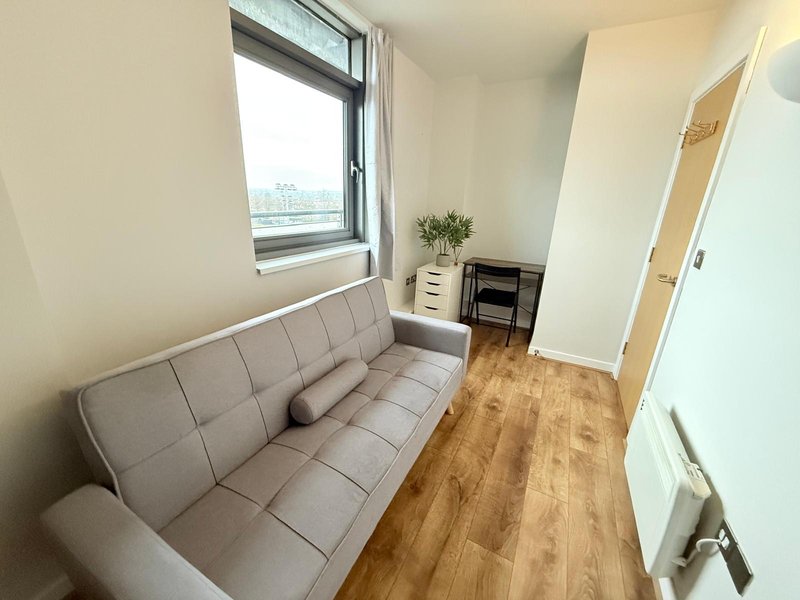 Modern studio room with grey sofa, wooden flooring, window with city view, and storage shelving