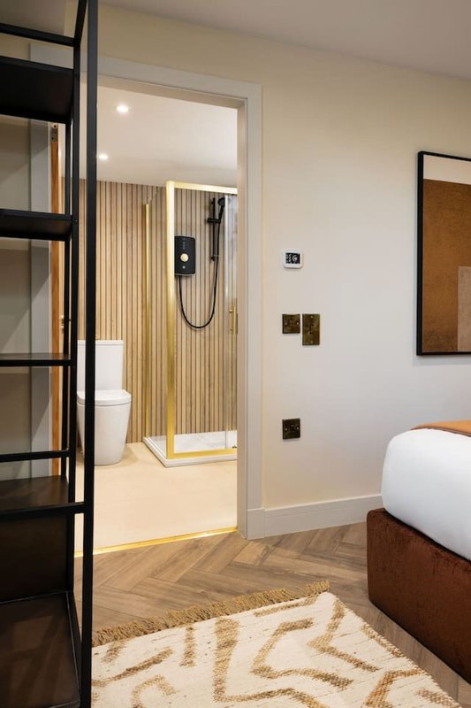 Modern bedroom with ensuite bathroom, wooden bed frame, geometric rug and dark shelving unit
