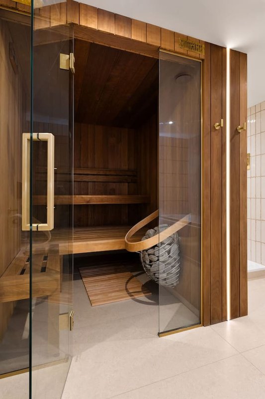 Modern sauna with wooden interior, glass door, and stone heater detail