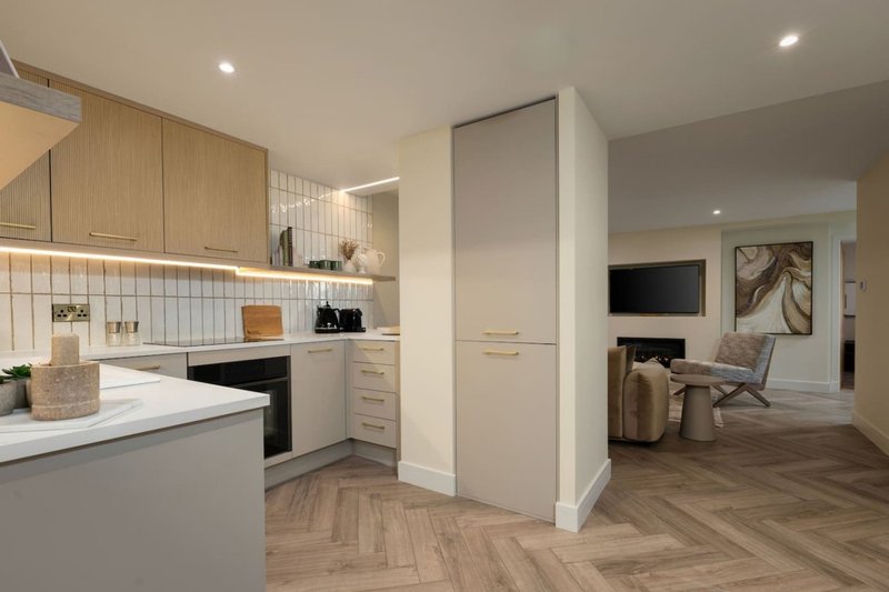 Modern open-plan kitchen and living area with light wood cabinetry, white countertops, and herringbone flooring