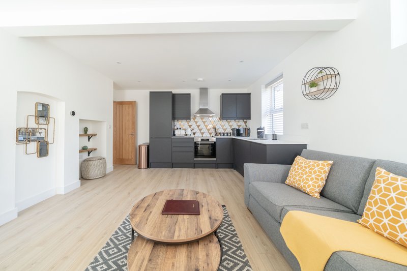Open-plan living area with grey sofa, wooden coffee table, kitchen with dark cabinetry and light wood flooring