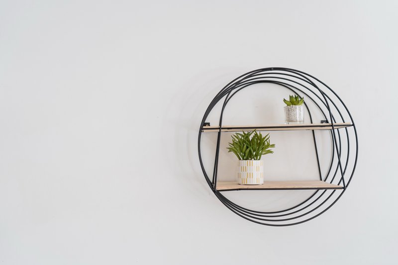 Circular black metal wall shelf with two potted green plants in white ceramic pots