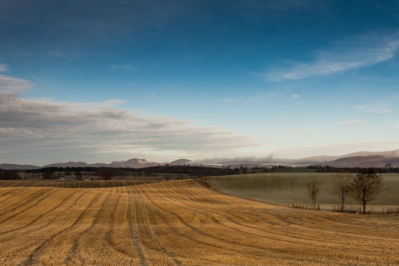 Rural landscape with plowed field, water body, and distant mountains under clear sky