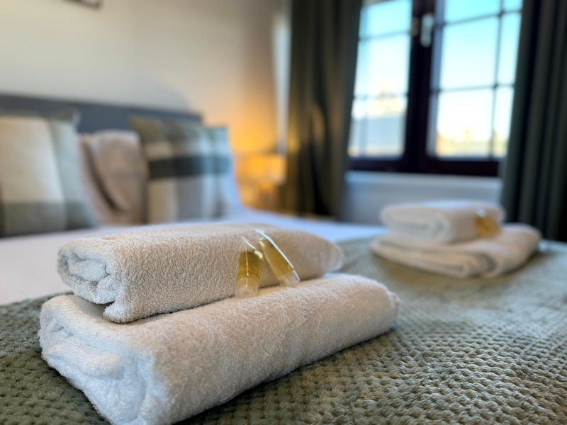 Bedroom with rolled white towels, gold accents, bed, and window with city views