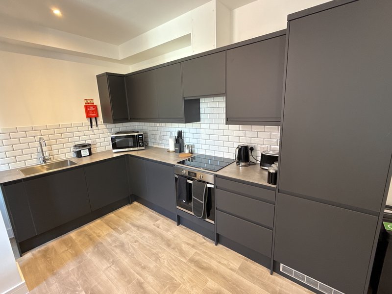 Modern kitchen with dark grey cabinetry, white subway tile backsplash, wooden flooring and stainless steel appliances