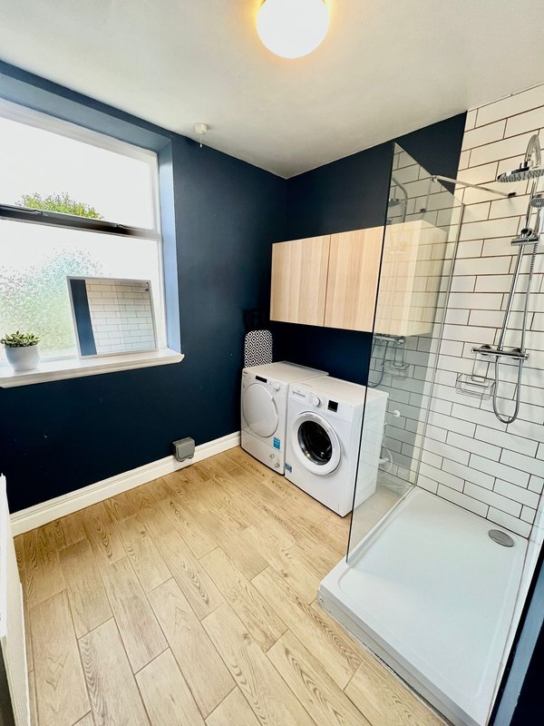 Modern bathroom with laundry area, shower enclosure, dark blue walls and wooden flooring