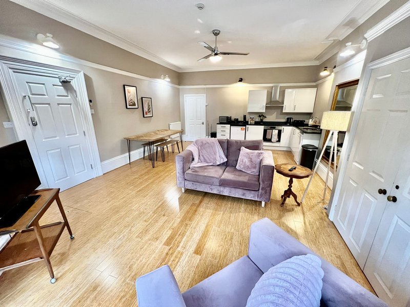 Open-plan living area with purple sofa, wooden flooring, kitchen, and dining table
